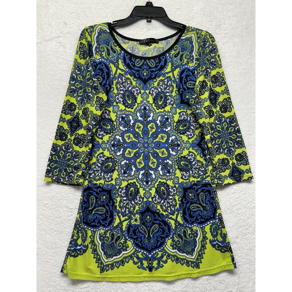 Calessa Womens Size S Green Paisley 3/4 Sleeve Tunic Blouse Top (K9)